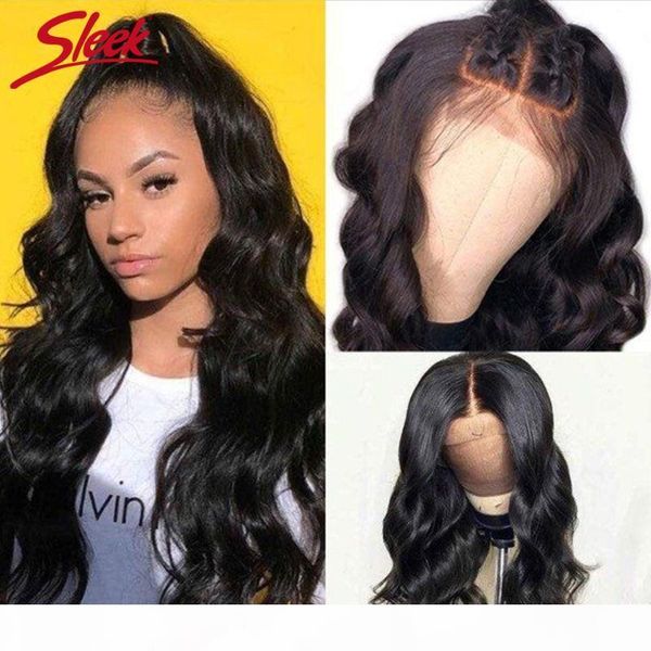 

sleek 4x4 lace closure wigs human hair peruvian body wave lace wigs for black women 30 inches long wig pre plucked, Black;brown