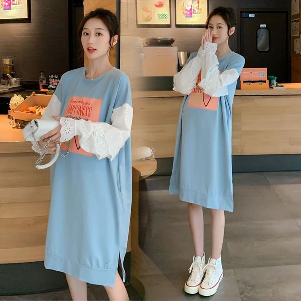 

maternity dresses 9014# clothes spring autumn printing o neck cotton long sleeves loose stylish dress for pregnant women mom, White