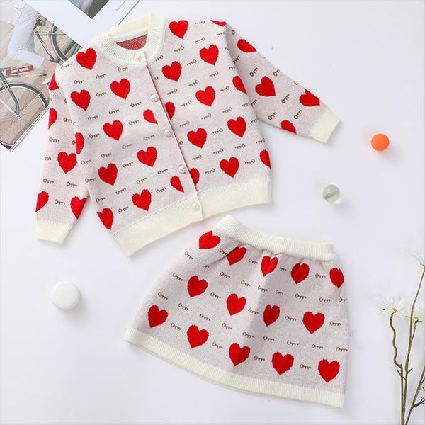 

focusnorm 2 6y valentines day baby girls princess clothes sets heart print long sleeve single breasted sweater skirts, White