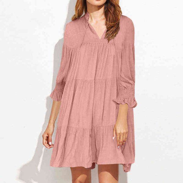 

elegant casual plain party mini dress women fashion summer sundress zanzea 3/4 puff sleeve pleated vestido female robe y1204, Black;gray