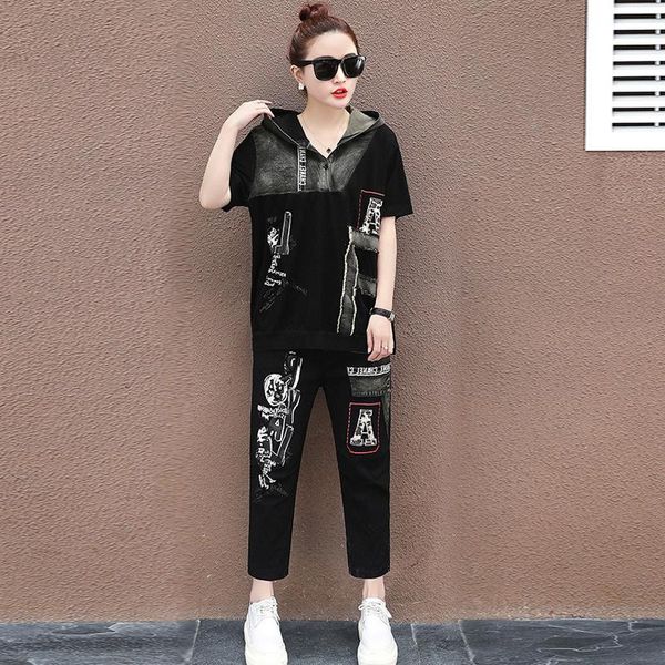 

women's two piece pants trendy denim set jeans suit patch women hooded tracksuit short sleeve 2 outfits korean summer t shirt co ord, White
