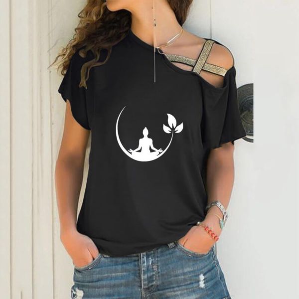 

women's t-shirt buddhist zen buddha cartoon print loose irregular women skew neck cross bandage for female art lover gift, White