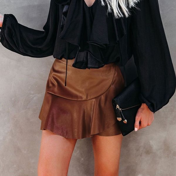 

skirts black ladies faux leather high waist cascading ruffles a line summer mini casual elegant female clothes nmwg