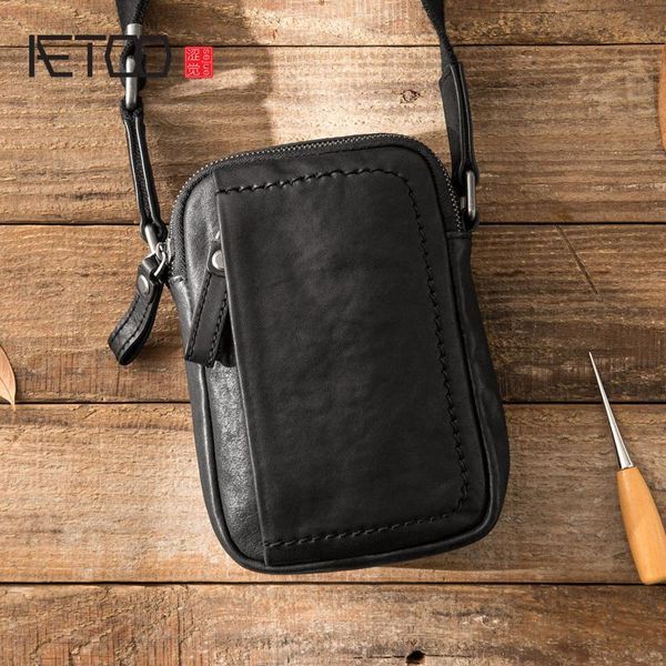 

HBP AETOO Leather Men's Mini Bag, Head Leather Hand-made Slant Bag, Male Trend One-shoulder Bag, Black