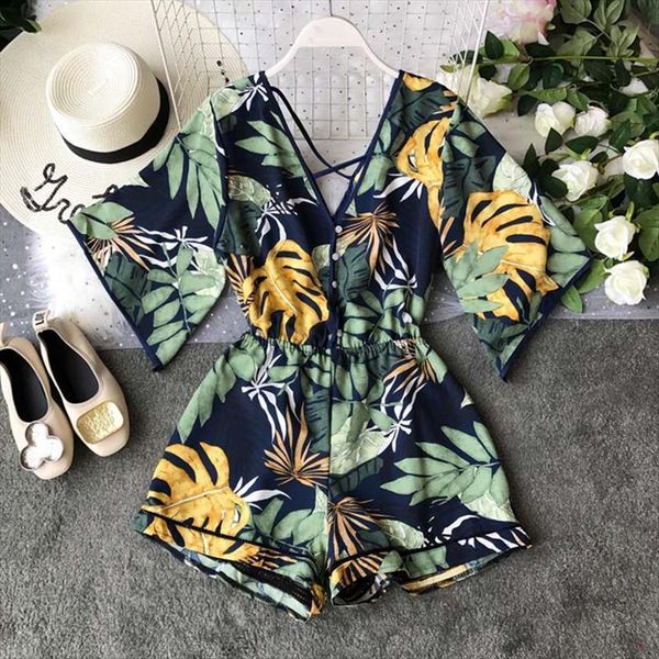 

boho short beach women jumpsuit v neck backless korean chiffon tunic floral print plus size summer overalls, Black;white