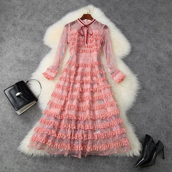 

2021 new runway autumn winter elegant ruffles long sleeve pink lace mesh patchwork midi es for women bndi, Black;gray