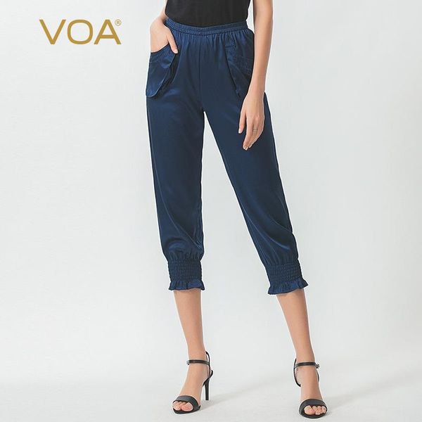 

women's pants & capris voa silk shiny satin elastic waist three-dimensional digging bag fine beef tendon stiletto cropped dark blue boo, Black;white