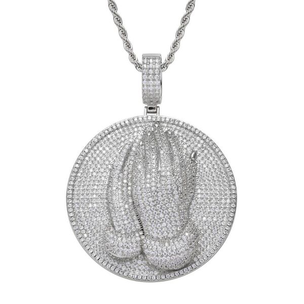

pendant necklaces bwavke bling prayer necklace iced out zircon praying hands fashion hip hop jewelry drop, Silver