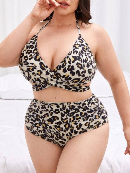 

plus leopard high waisted bikini swimsuit g0l2#, Black