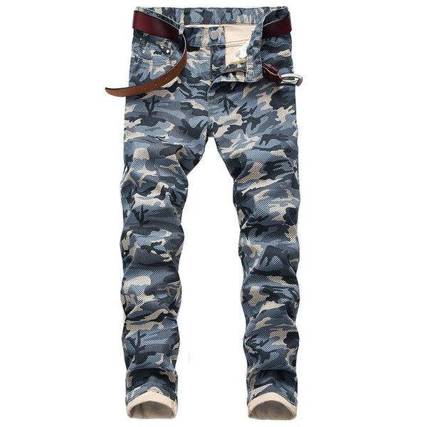 

men's jeans cross border supply camouflage personalized slim elastic simple print casual pants, Blue