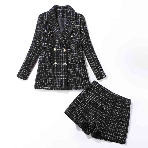 

winter temperament women's suits pants set stylish slim double-breasted plaid ladies jacket office casual shorts suit two-piece 210527, White
