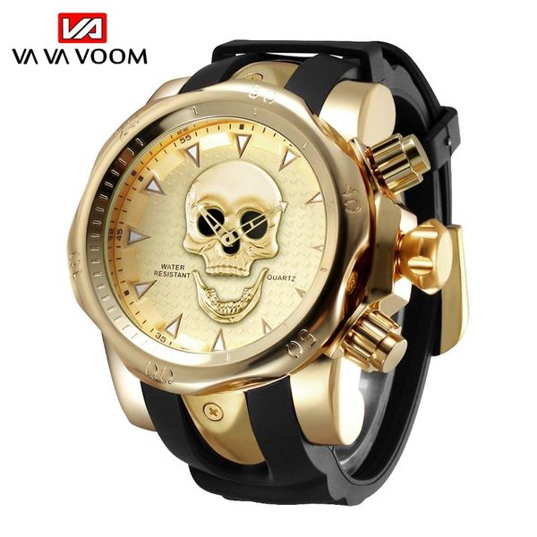 

wristwatches vava voom men quartz skull watch silica gel strap skeleton creative watche man clock waterproof wristwatch relogio masculino, Slivery;brown