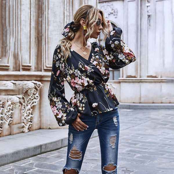 

2021 new autumn winter casual floral blouse women fashion lantern sleeve v-neck slim print shirt 8w3x, Tan;black