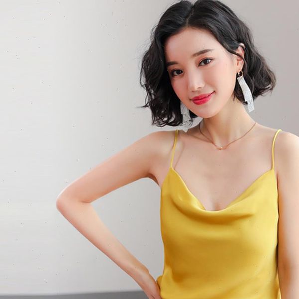 

women tank 2021 new summer sleeveless faux silk shirt cami female crop vest ladies black white yellow
