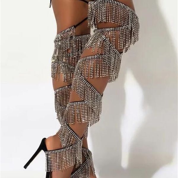 

boots est bling tassel thigh crystal fringed sandals summer fashion bandage over the knee pogs, Black