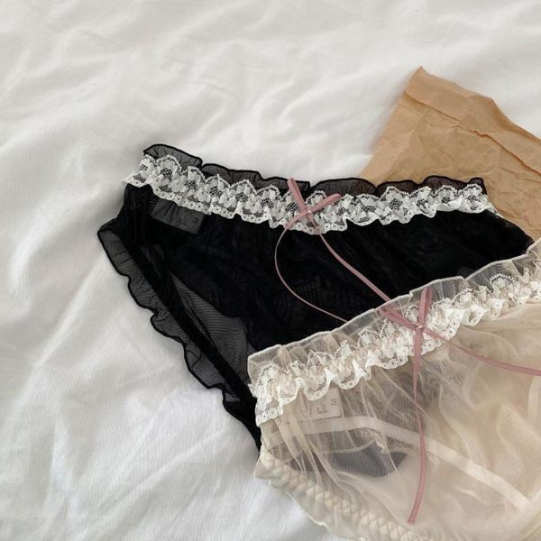 

sweet mesh underwear women's mid low waist lace bow traceless breathable cotton crotch briefs, Black;pink