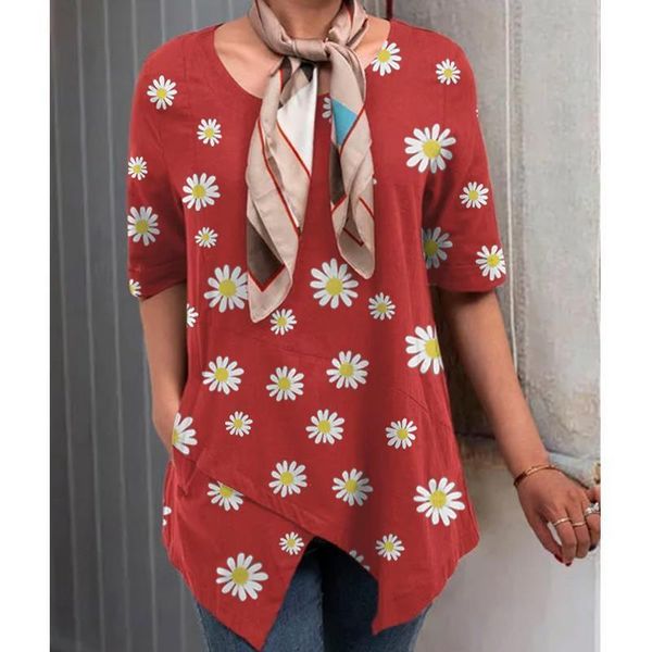 

cotton linen irregular women blouses plus size flower print daisy female tunic casual o neck half sleeve spring blusa shirt, White