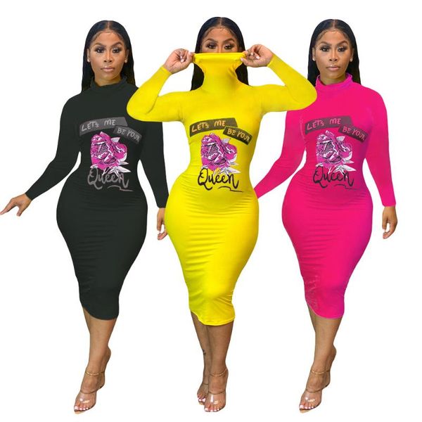 

casual dresses dpsde fashion women 2021 street style long sleeve high collar printed 3 color mid, Black;gray