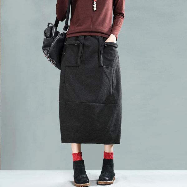 

skirts winter skirt retro women slim-type pocket blended elastic waist mori girl solid color casual streetwear ladies, Black