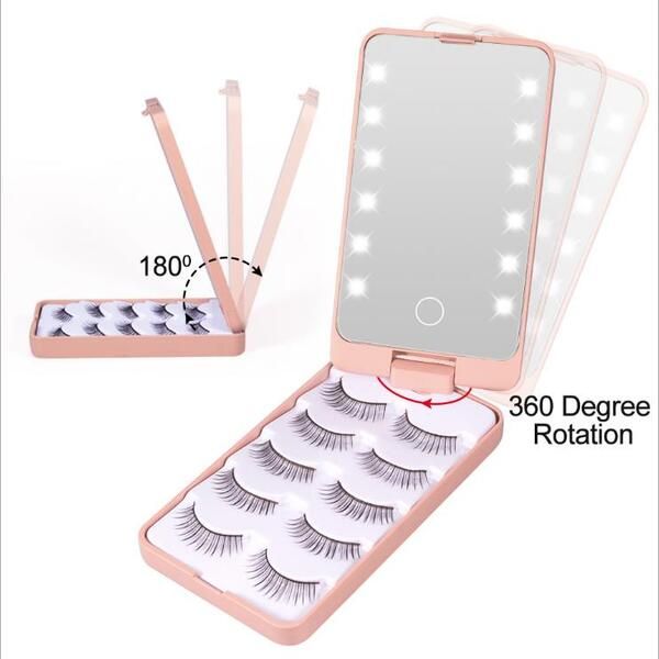 Dame faltende LED-Lampen tragbarer Make-up-Spiegel mit Lashe-Tablett 5 Paare / Set falsche Wimpern Verpackungsbox Touch Sensor 12 Beleuchtet Kosmetikspiegel Fall für Make-ups