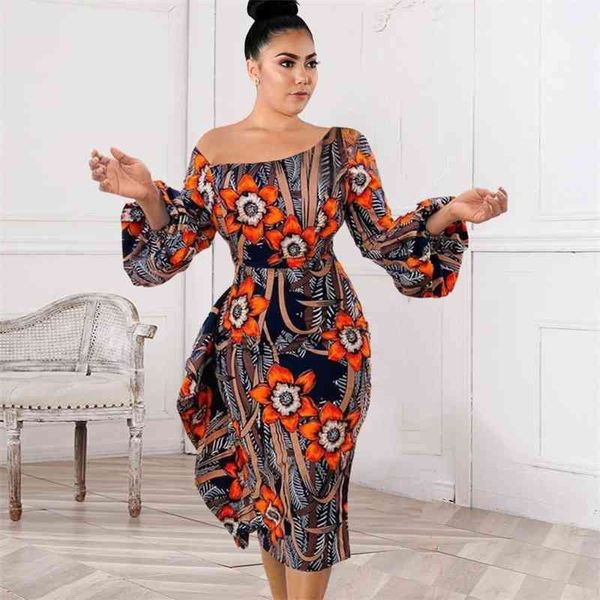 

plus size dress for women floral print bodycon long lantern sleeve off shoulder ruffles office lady evening party robes summer 210527, Black;gray