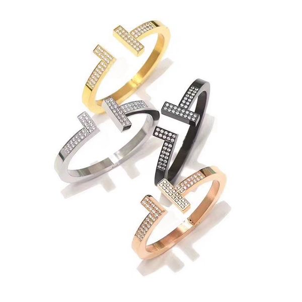 

europe america fashion style lady women titanium steel engraved t letter settings diamond open thick bangle bracelet 4 color, Black