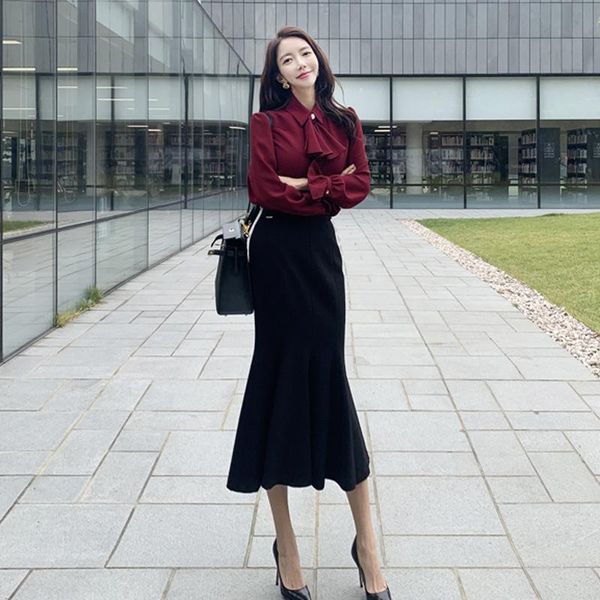 

two piece dress arrival women temperament loose shirt comfortable vintage black long trumpet skirt fashion trend cute spring set, White