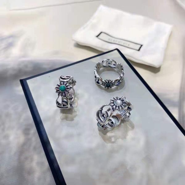 

design jewelry 925 silver flower daisy white turquoise old petal ring for men and women