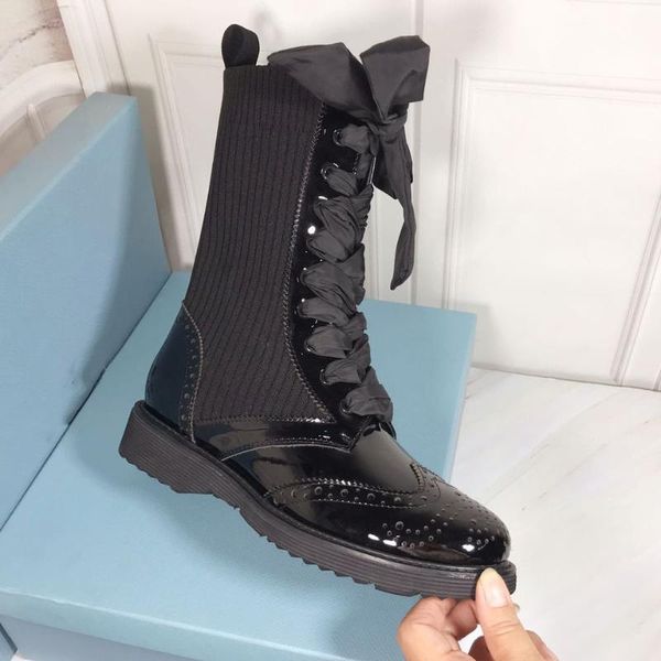 

boots stretch autumn women shoes patent leather chunky heels mid-calf knitting lace-up designer botas de mujer, Black