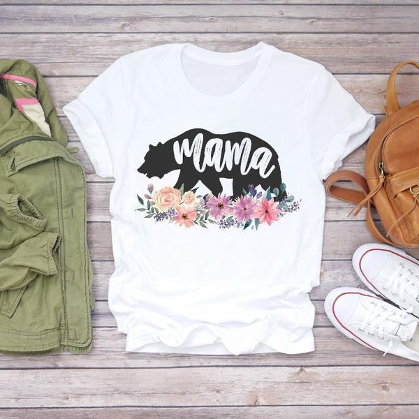 

women cartoon mama bear flower short sleeve clothing summer shirt t-shirts t graphic female ladies womens tee t-shirt, White