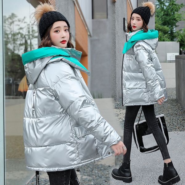 

2021 New Women's Winter Jacket Hooded Shiny Woman Parkas Solid Casual Glossy Plus Cotton Padded with Thick Outwear 35f0, Black