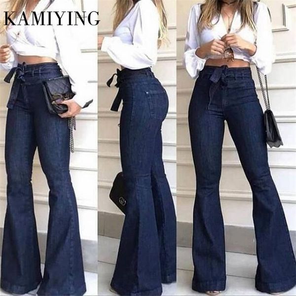 

streetwear high waist lace up flare pants jeans for woman fashion full length wide leg pants female fashion clothing tide 210202, Blue