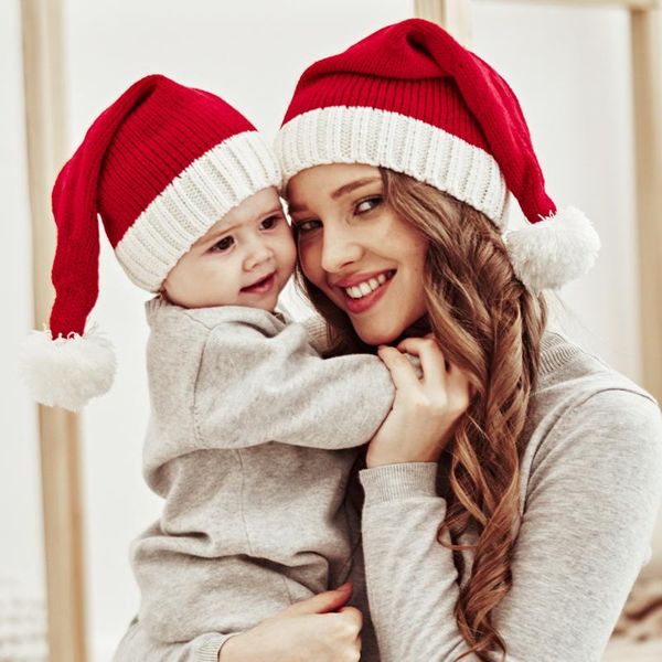 Berets Mama und ich Wintermützen Strickmütze Weihnachten Slouchy Caps Damen Baby Mädchen Kinder Rot als Weihnachtsmann Geschenke Dekorationen