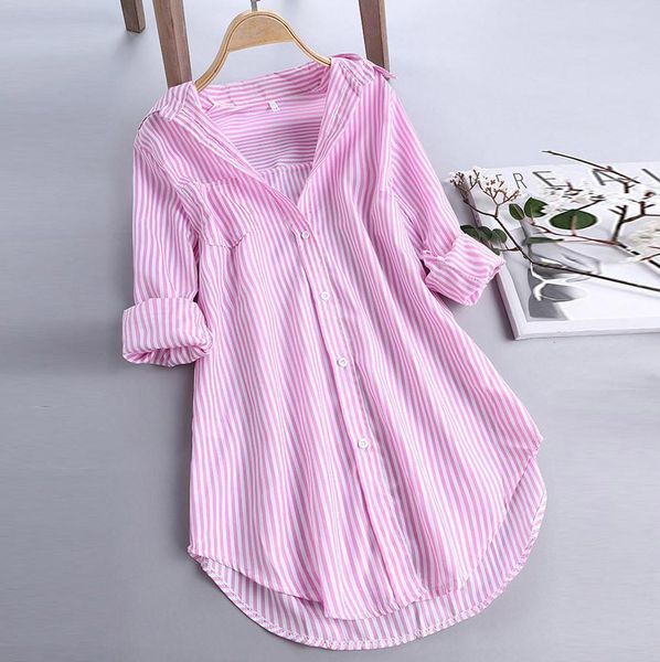 

new blouse women summer casual cool shirts chic stripe long sleeve button loose shirts sun protection clothing 410, White