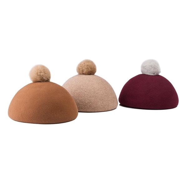 

berets children autumn winter three-dimensional mushroom shaped woolen hat girl cute pompom fur balls warm painter, Blue;gray