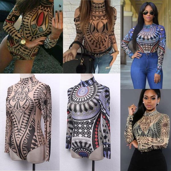 

bodysuit tatoo tribal print strechy women romper see through mesh sheer long sleeve top, Black;white