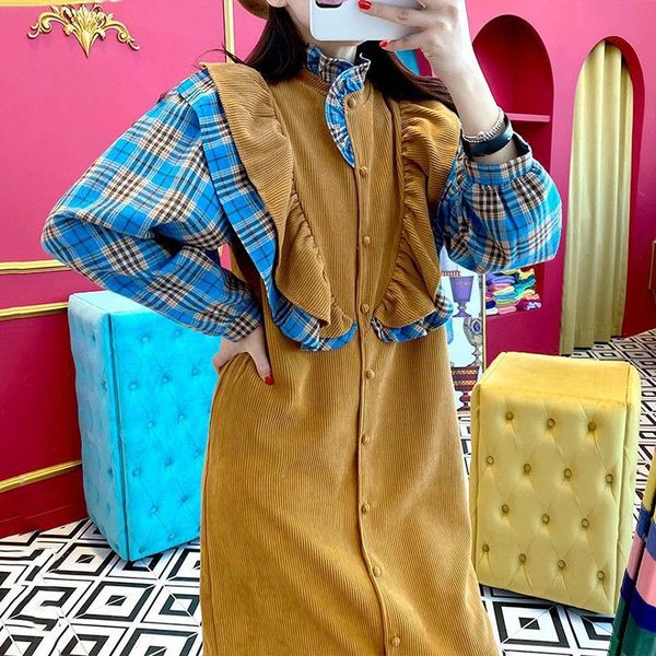 

ewq] 2021 spring female casual stand collar single breasted patchwork panelled plaid long sleeve over knee ruffles dress 8d940, Black;gray