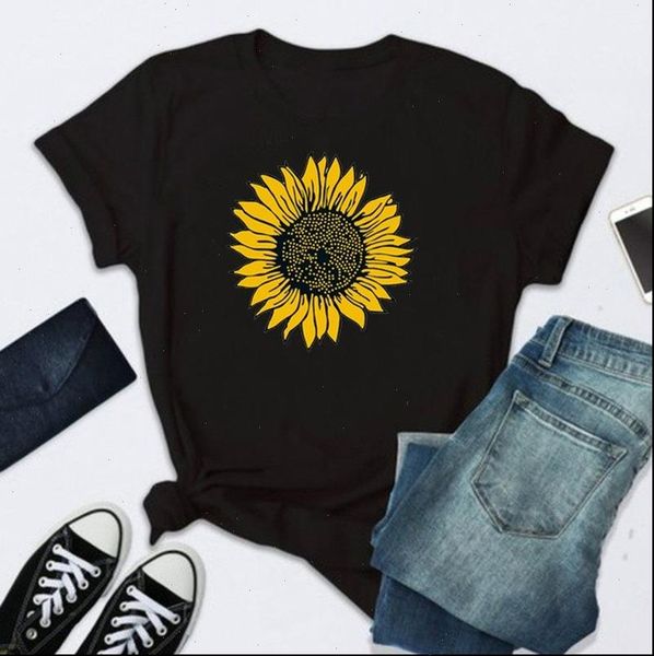 

golden sunflower print t shirt women short sleeve o neck loose tshirt 2021 summer fashion women tee shirt camisetas mujer, White