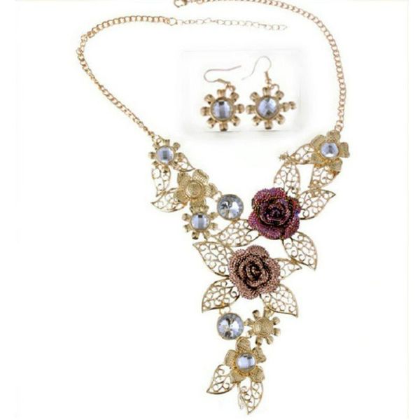 

pendant necklaces women's elegant vintage flower gold necklace statement earrings jewelry set fashion women in bulk, Silver