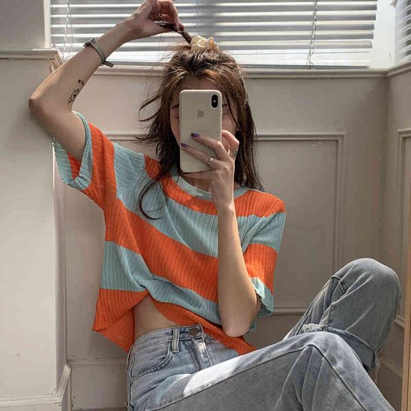 

women's sweaters striped short-sleeve female t-shirt, korean style loose bvdr, White;black