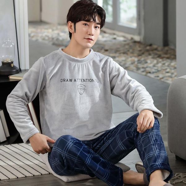 

men's sleepwear winter thick warm men coral cashmere pajamas long sleeve round neck male homewear letter + plaid pants two pieces pyja, Black;brown