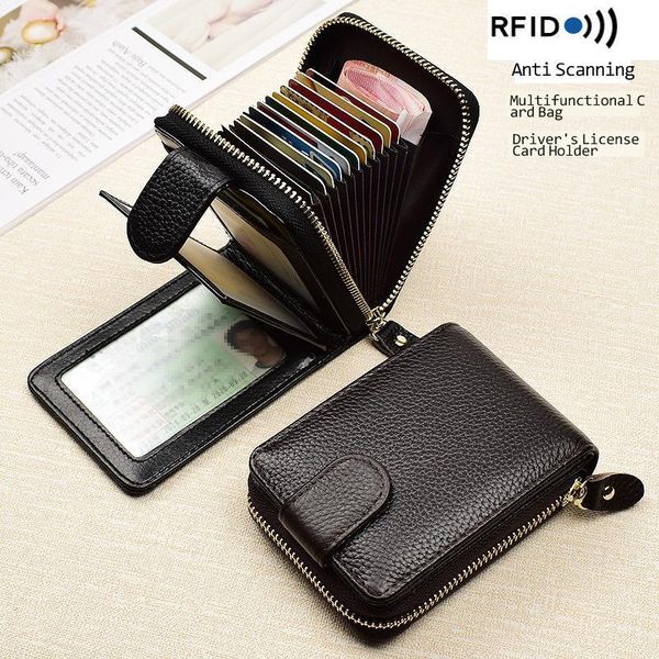 

card holders men wallets man's genuine leather clutch purses driver's license cover zipper organ women's wallet, Brown;gray
