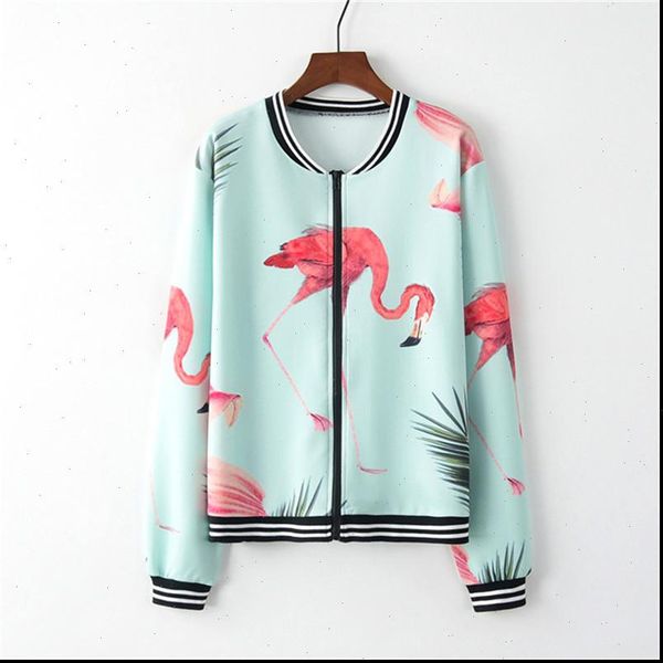 

women fashion long sleeve contrast striped cuff floral flamingo print jacket girl zip up jacket outwear sweatshirt, Black;brown