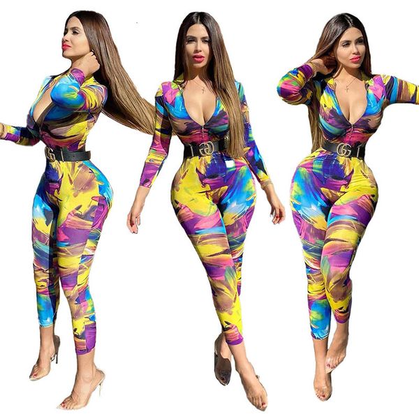 

2021 new colorful print zipper round neck long sleeves tight women jumpsuit autumn office lady rompers bodysuit xg7c, Gray