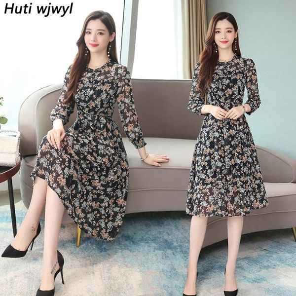 

casual dresses 2021 femal vintage floral chiffon midi autumn winter print long sleeve dress elegant women bodycon party vestidos, Black;gray