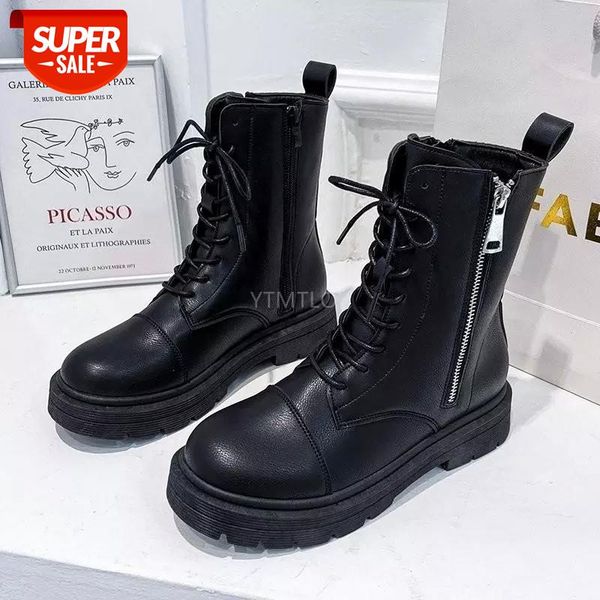 

women's thick-soled fashion boots new spring and autumn black side zipper handsome motorcycle short bootsins cross-tied botas #wt7b