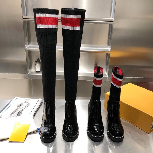 

boots women shoes winter large size round toe slip on super high heels solid colors stretch over the knee sock zapatos de mujer, Black