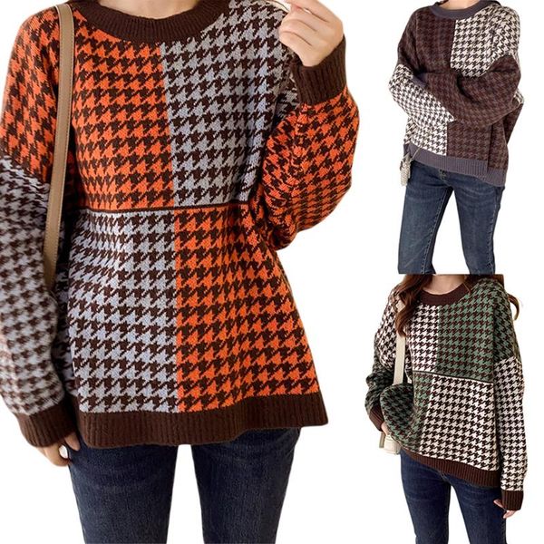

women's sweaters autumn women retro casual o-neck knitted female vintage variegated color houndstooth printed pattern knitwear pullover, White;black