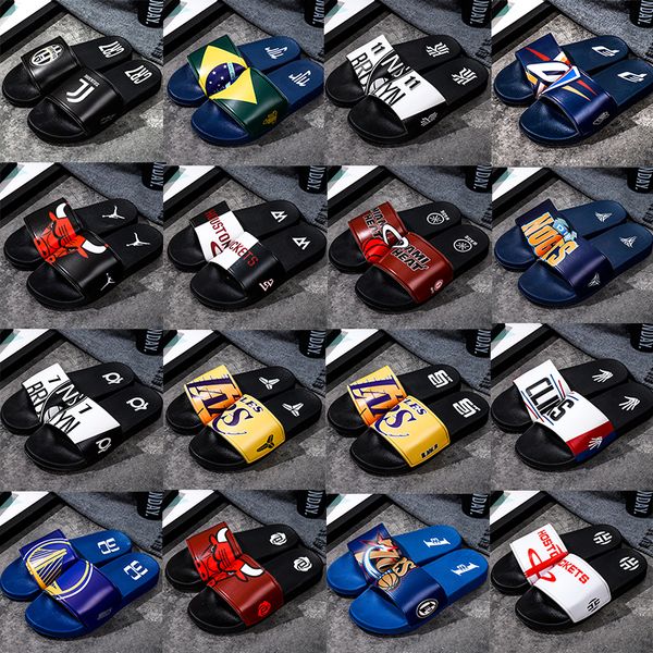 

basketball football star logo sports slippers brand designer mens fashion leisure comfortable rubber sandals beach slide non-slip flip flops, Black