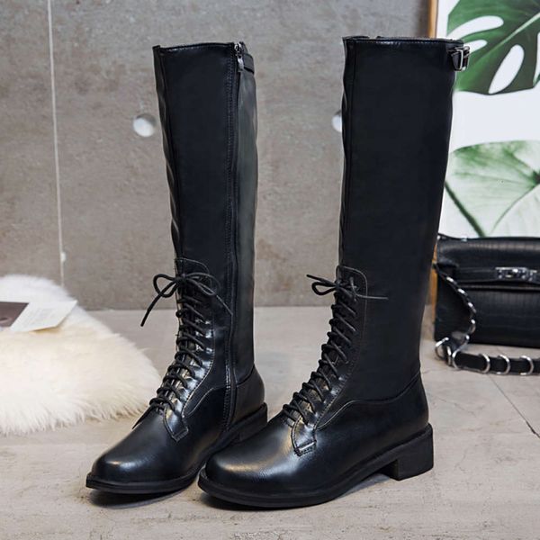 

autumn and winter new shoes high tube lace up women's leather large knight boots, White;red